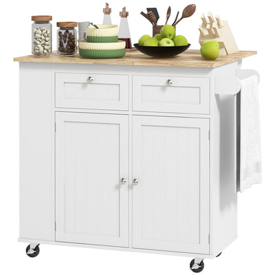 HOMCOM Kitchen Island: Power Outlet, Drop Leaf, Rolling Cart, 2 Drawers, Adjustable Shelves 