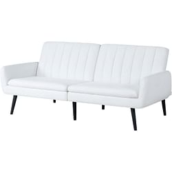 Modern Mid-Century  Futon Sleeper Sofa Bed in White Linen Fabric - Free Shipping 