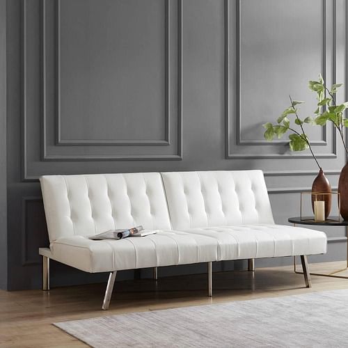 Mid-Century Modern Split Back Futon Sleep Sofa Bed in White Faux Leather - Free Shipping 