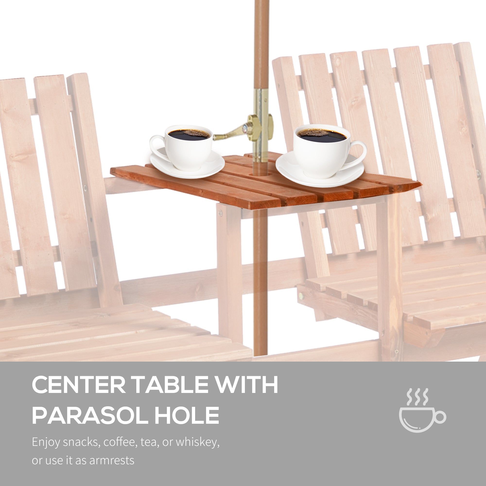 Outsunny Garden Bench for 2 Persons with Middle Table and Umbrella Hole, 2-Seater Outdoor Wooden Bench with Slat Design, Orange 