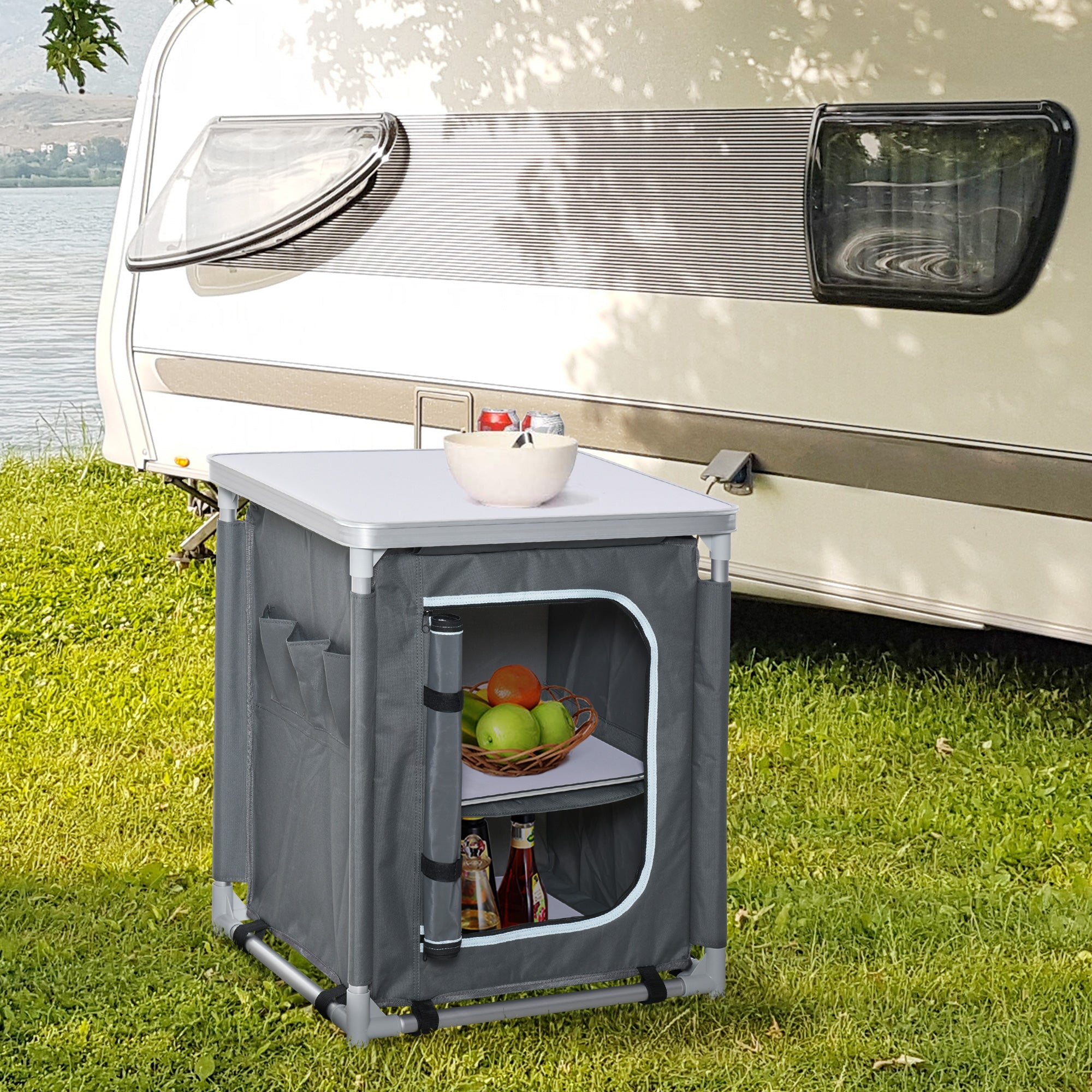 Outsunny Camping Kitchen Station, Aluminum Camping Table Cook Cupboard with 2-Shelf and Carrying Bag for BBQ Party Picnics, Grey 