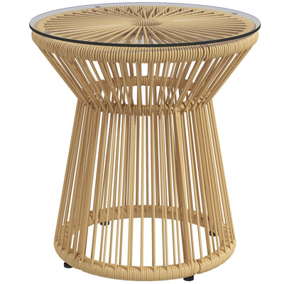 Outsunny Round End Table, Rattan Side Table, Hollow Drum Design Coffee Table w/ Glass Tabletop for Patio, Garden, Balcony, Beige 