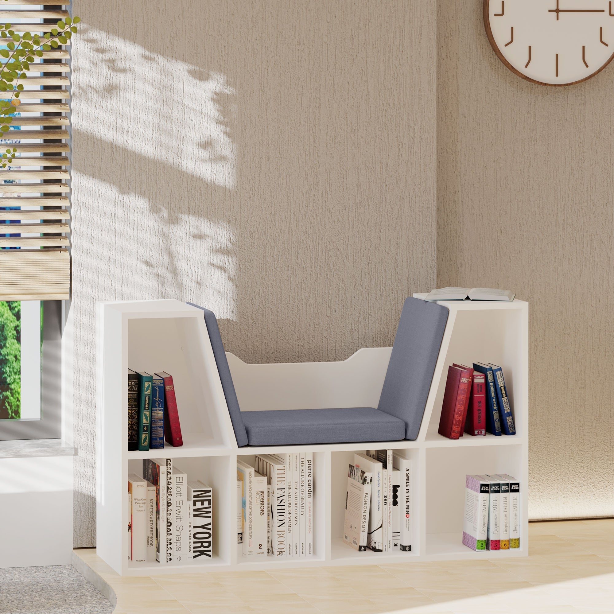HOMCOM Kiddie Cubby Charm: 6-Cubby Bookcase with Cushioned Reading Nook, Storage Organizer Cabinet Shelf in White & Grey 