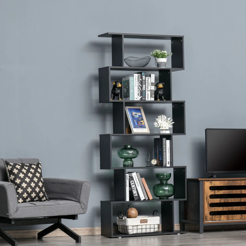 Wooden S Shape Bookcase 6 Shelves Storage Display Home Office Furniture