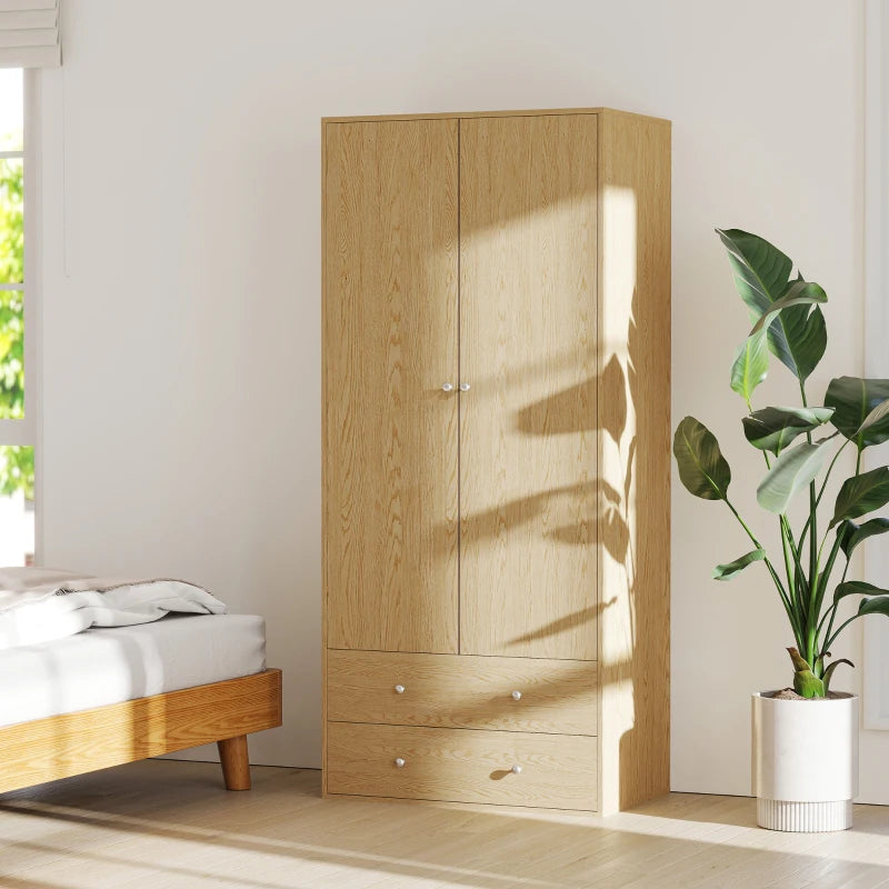 Modern Wardrobe Closet Armoire with 2 Drawers and Hanging Rod, Clothes Storage Organizer for Bedroom, Natural Wood