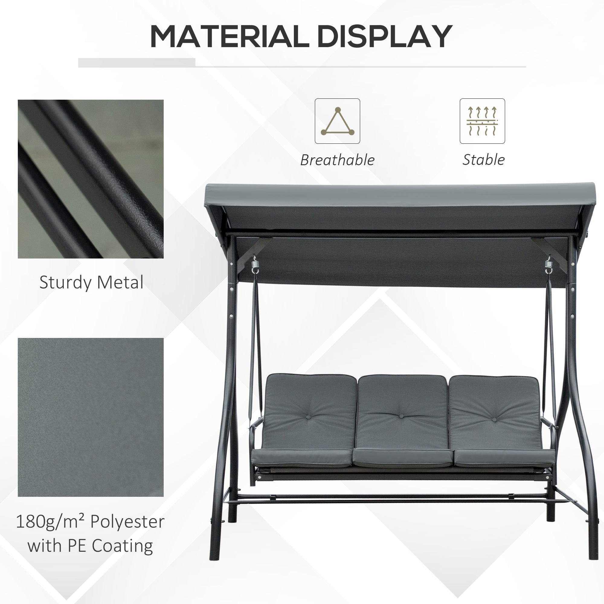 Outsunny Patio Swing Bed Convertible 3 Seater with Adjustable Canopy Cushions Dark Grey 