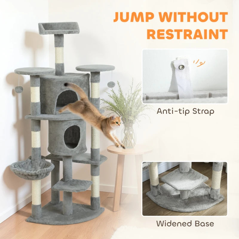 62" Cat Tree with Scratching Post, 2 Condos, Hammock, Perches, Plush, Pompoms, for Indoor Cats, Light Grey