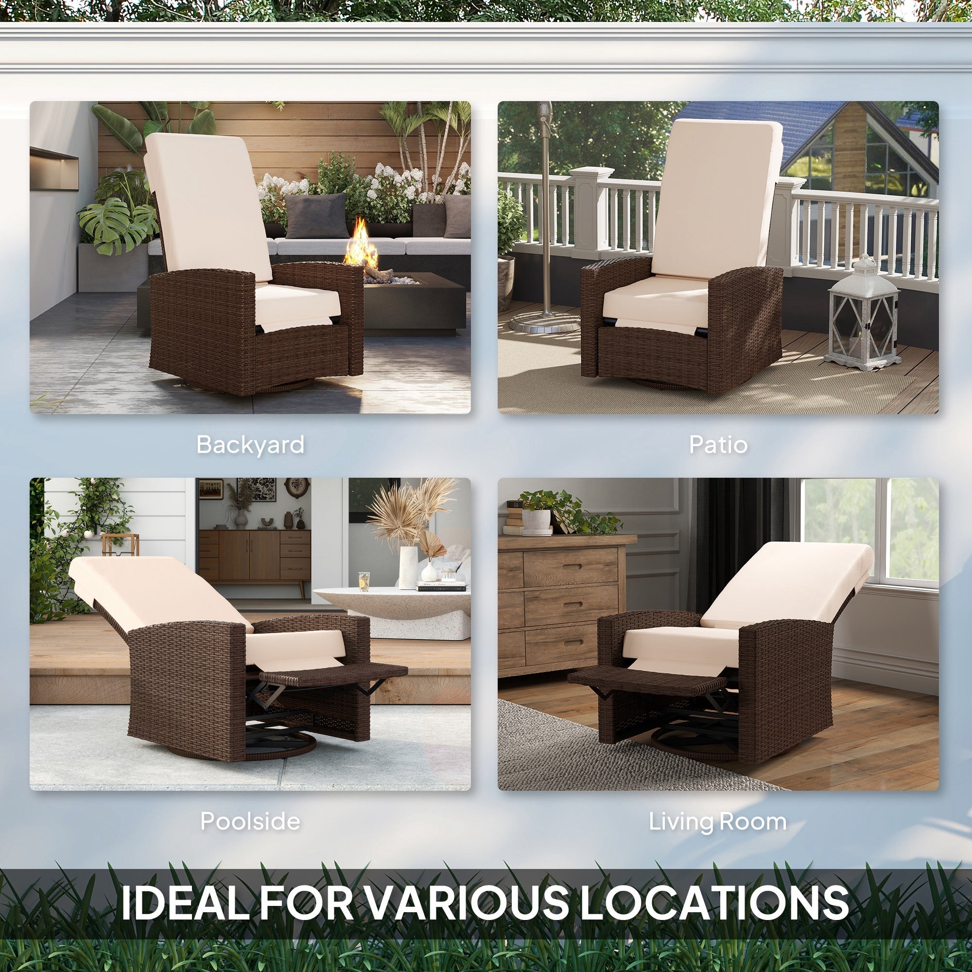 Outsunny Outdoor Rattan Wicker Lounge Chair with Footrest & Soft Cushion for Patio, Garden, Backyard, Cream White 