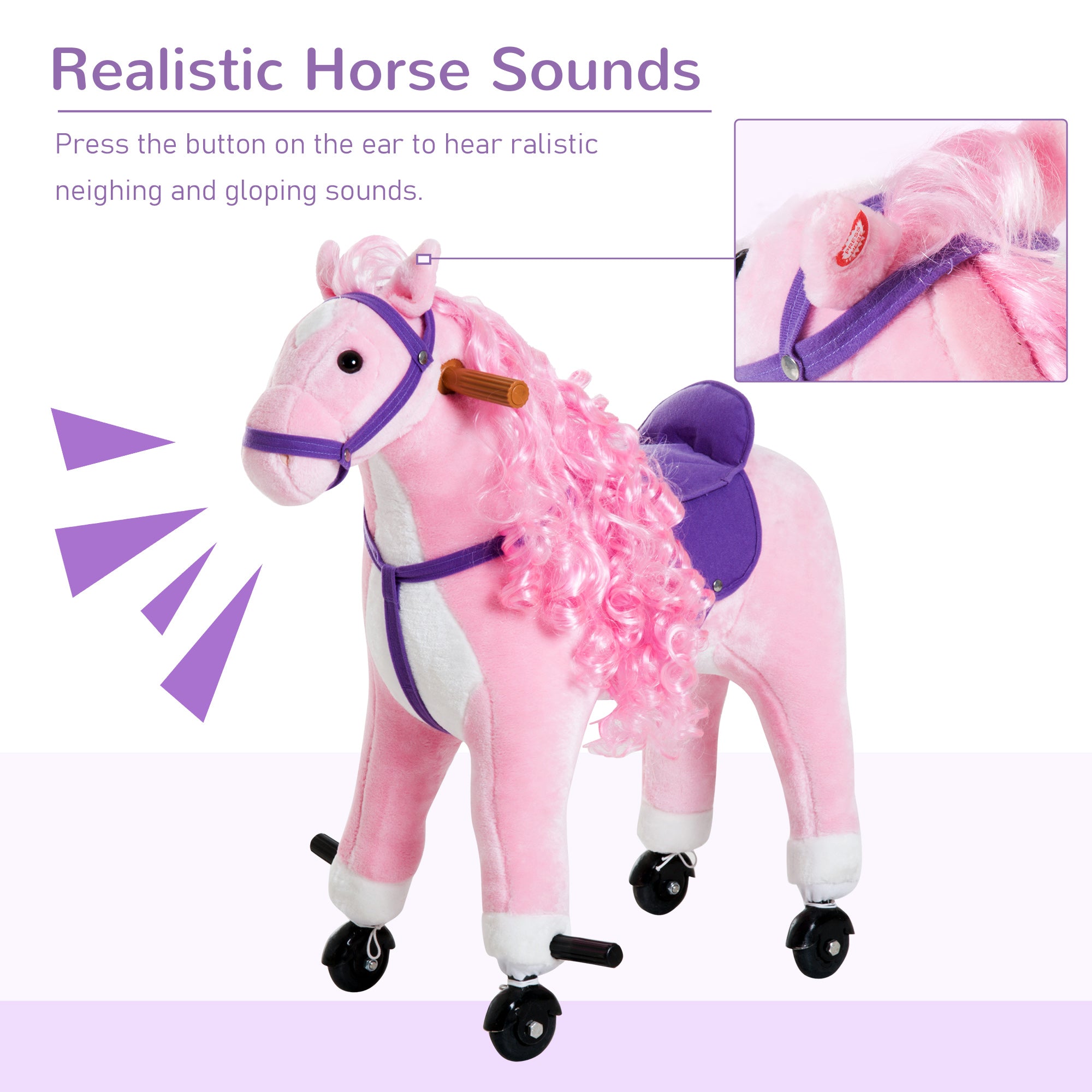 Qaba Pink Plush Pony Ride-On Toy for Kids - Rocking Horse with Neigh Sound & Wheels, 110lb Weight Limit 