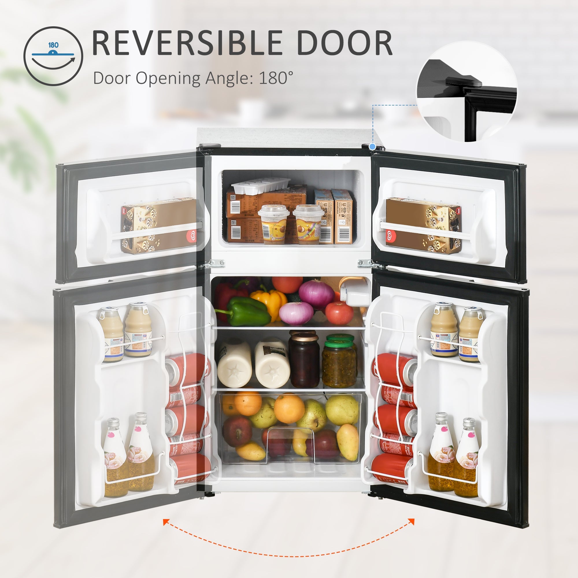 HOMCOM 3.2 Cu Ft Compact Refrigerator, Mini Fridge with Freezer, Adjustable Shelves and Reversible Doors for Bedroom, Black 