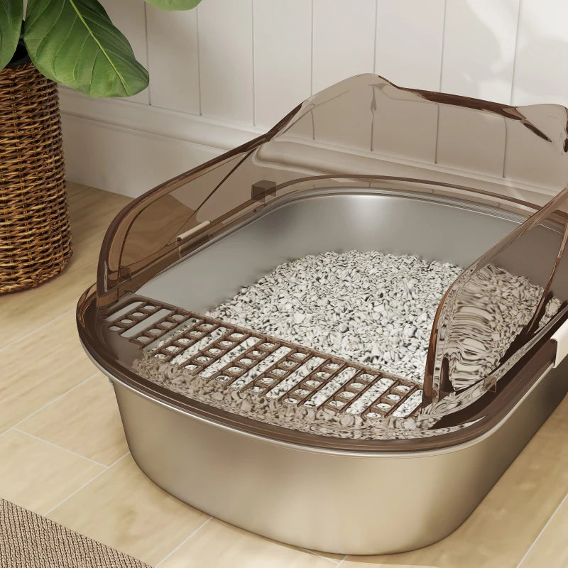 Stainless Steel Cat Litter Box with High Sided Enclosure, Scoop, Non-Sticky & Anti-Urine Leakage, Easy Cleaning