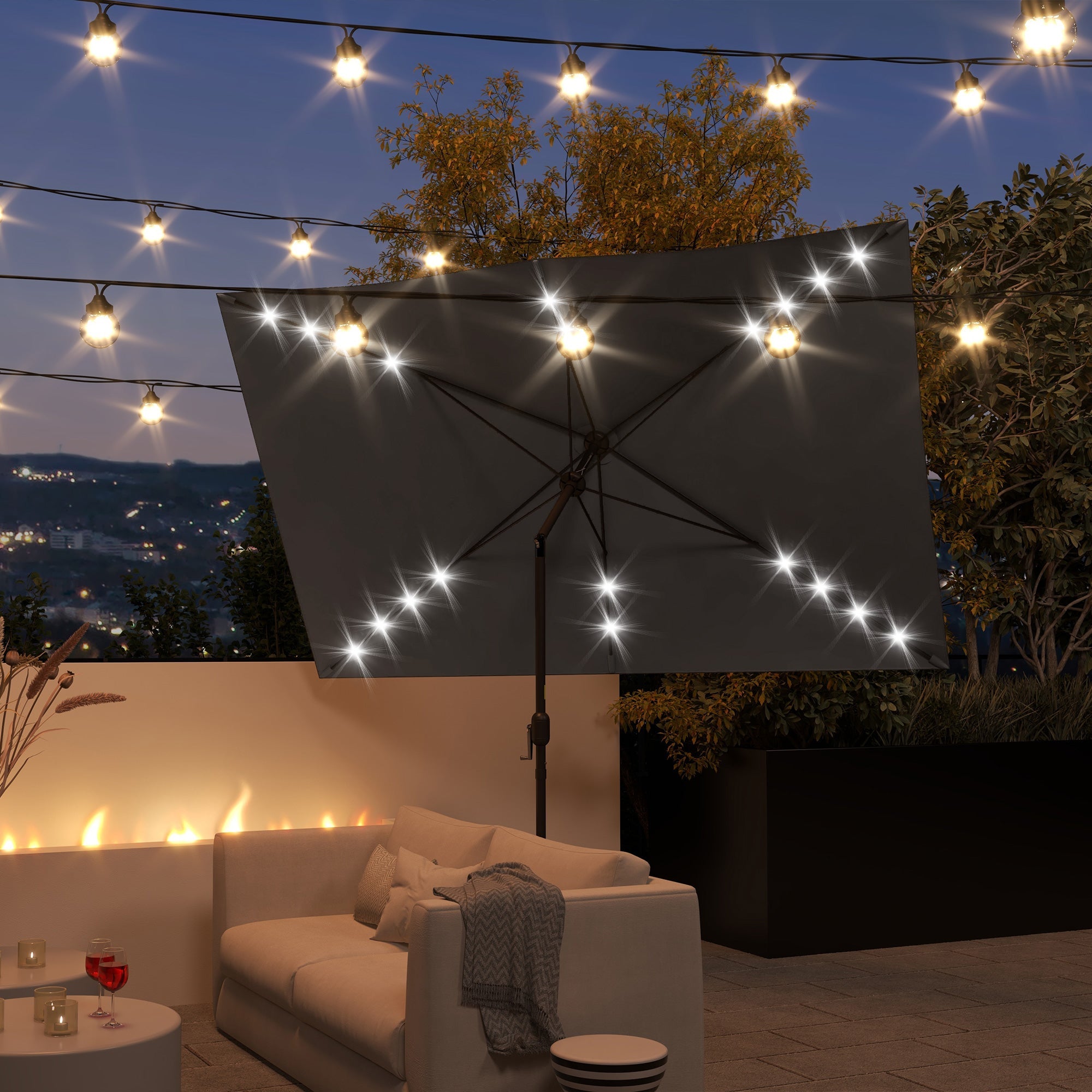 Outsunny 6.5x10ft Patio Umbrella Tilt Aluminum Outdoor Market Parasol with Solar Powered LEDs, Crank - Dark Grey 