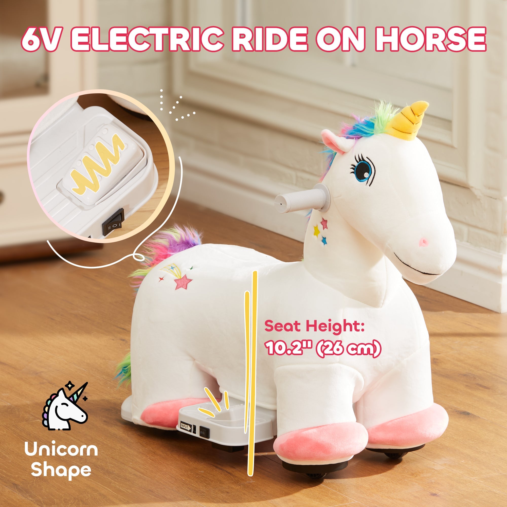 Qaba 6V Ride on Unicorn, Battery Powered Kids Riding Pony with Music Forward, Aged 18-36 Months, White 
