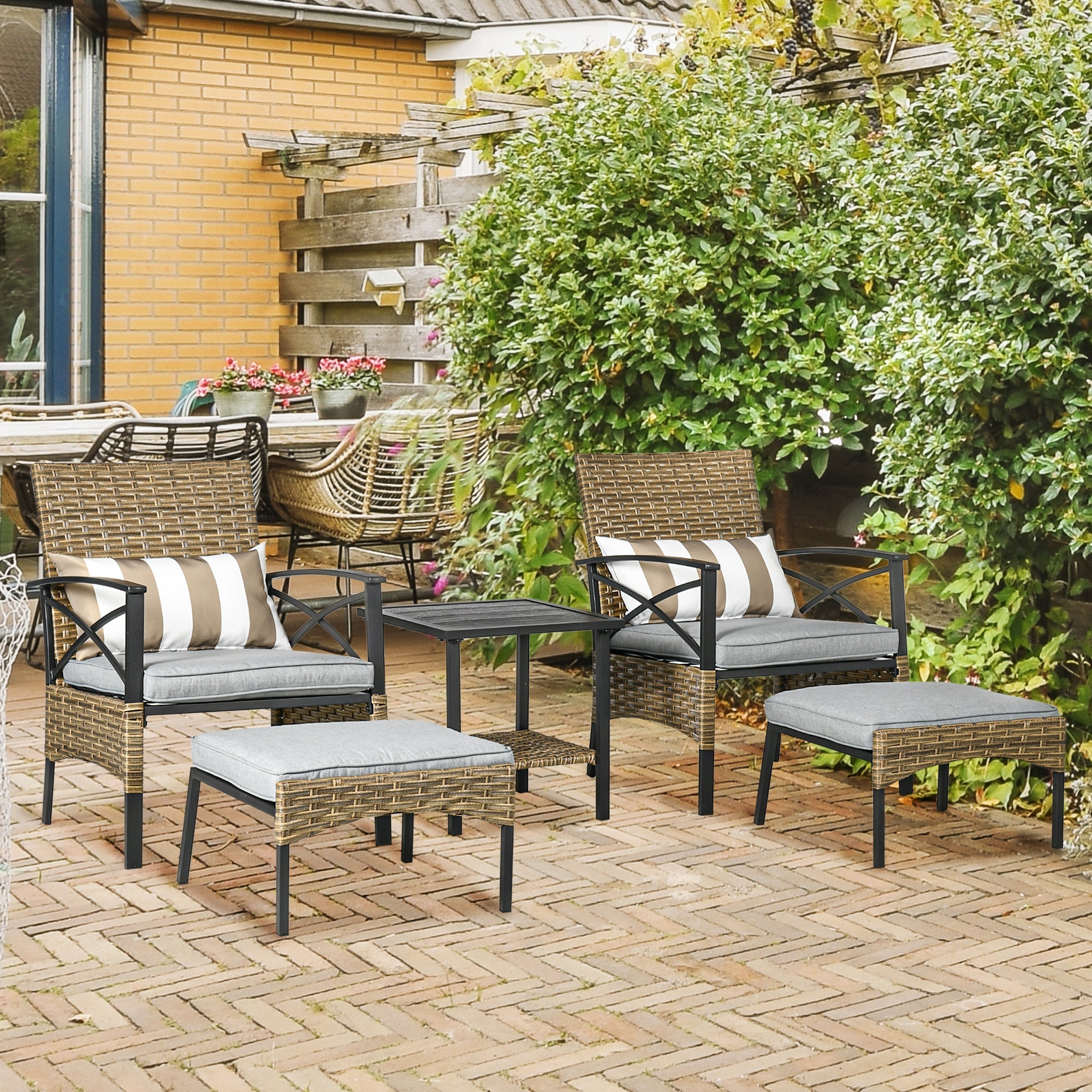 Outsunny Garden Furniture Set 5PC Rattan with Armchairs Stools & Steel Tabletop Khaki 