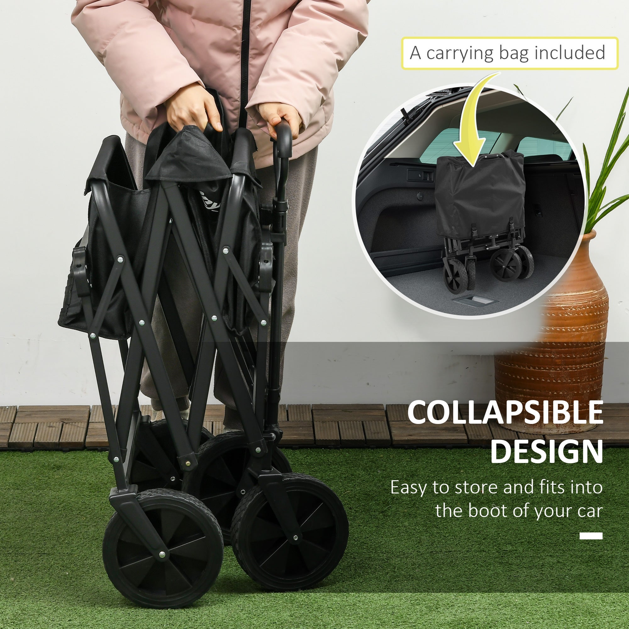 Outsunny Steel Frame Folding Garden Cart, Collapsible Wagon Cart with Removable Canopy, Telescopic Handle and Carrying Bag 
