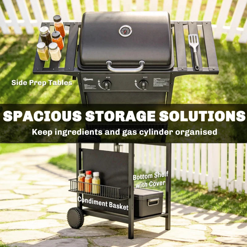 Outsunny 2-Burner Propane Gas Grill, 18000 BTU BBQ Grill with Wheels, Warming Rack, Shelf, Thermometer, Grease Cup, Black