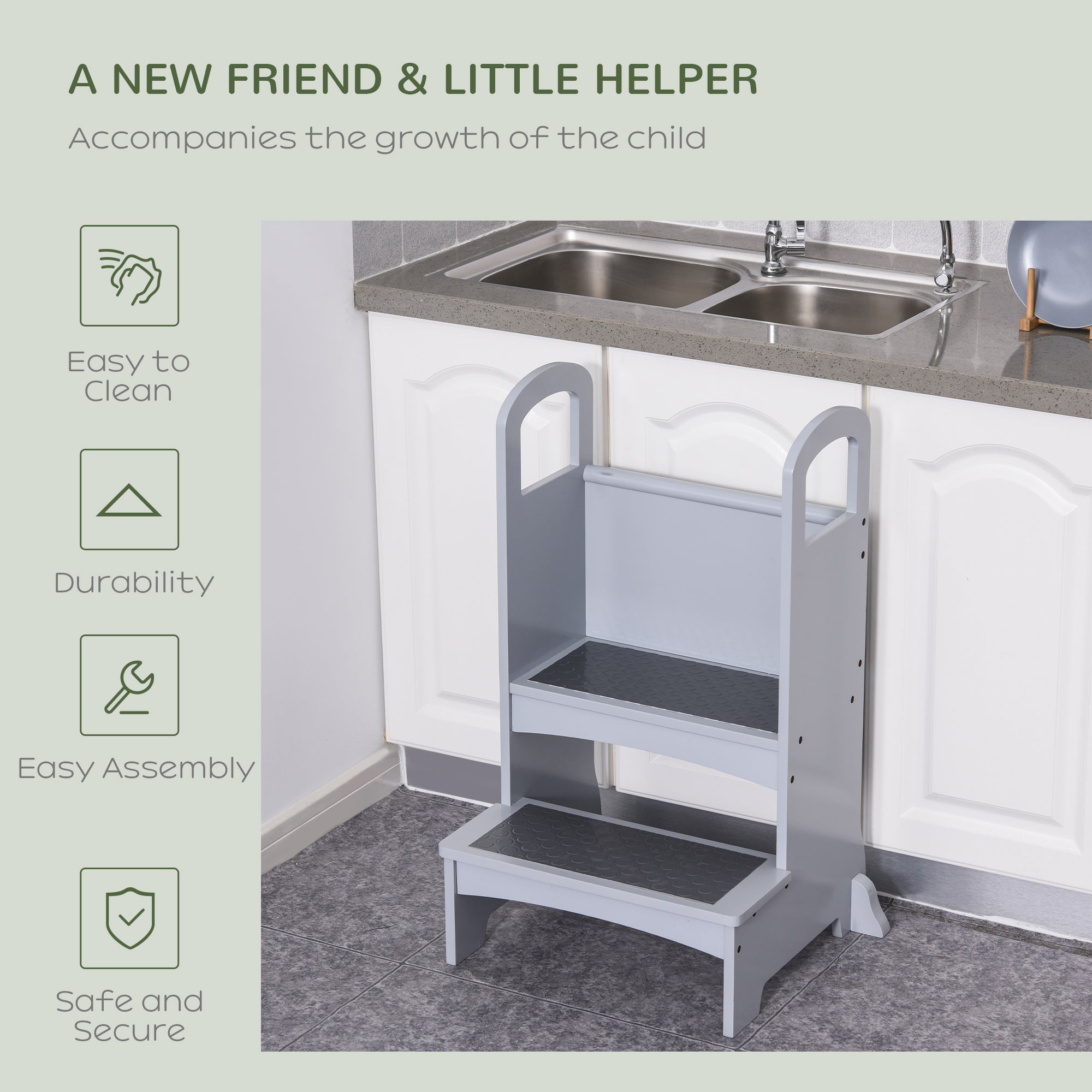 Qaba Kids Step Stool with 2 Steps Support Handles Non-Slip Hardwood Stepping Stool for Children Kitchen Helper Grey 