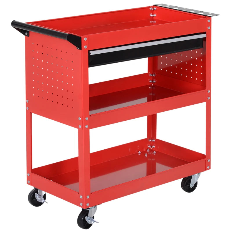 Tool Cart on Wheels, Utility Cart with Wheels, Ball Bearing Drawer, Storage Trays for Garage, Warehouse, Workshop, Red