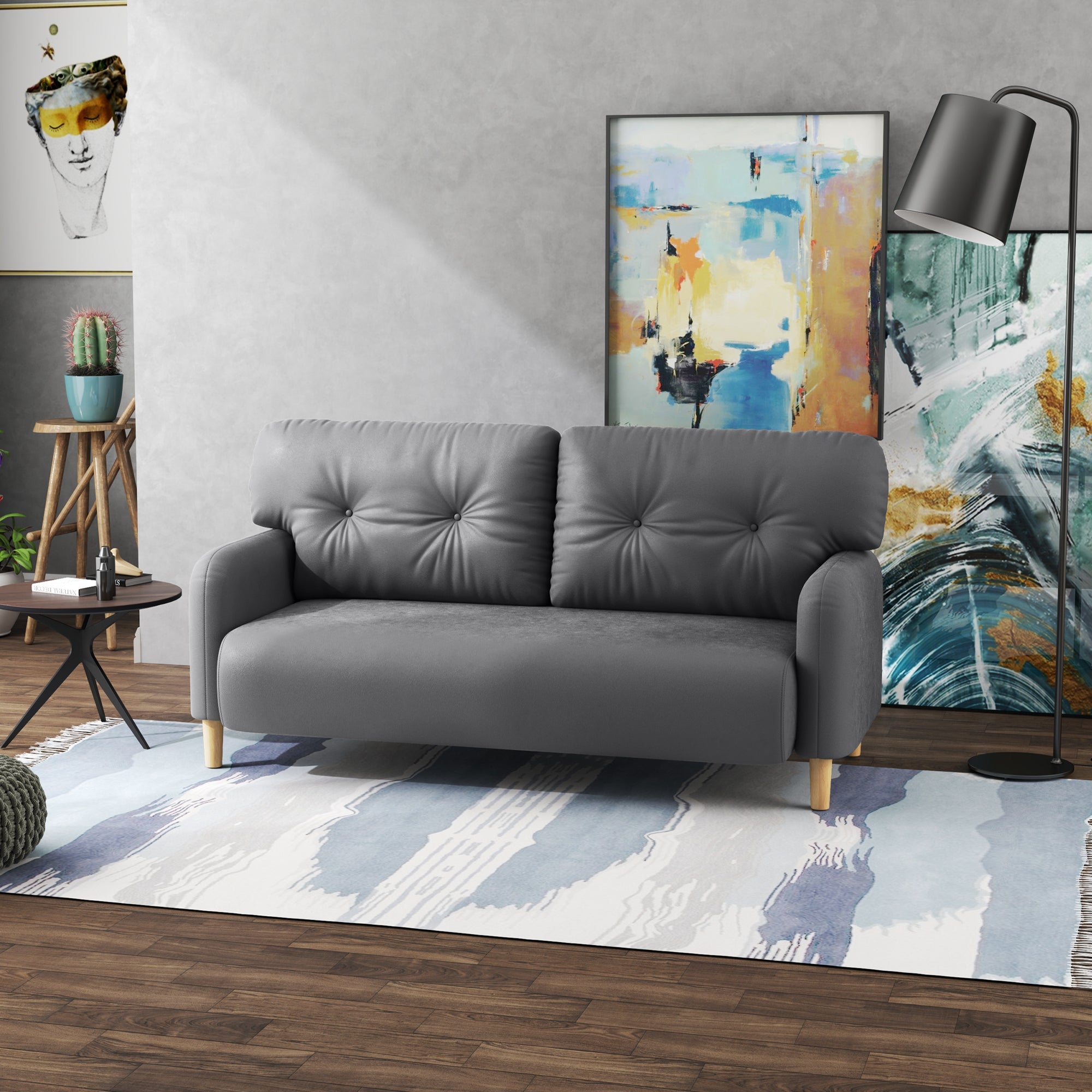 HOMCOM Loveseat Sofa 58" 2 Seat Modern Upholstered 2 Seater Couch Solid Wood Frame Grey Furniture 