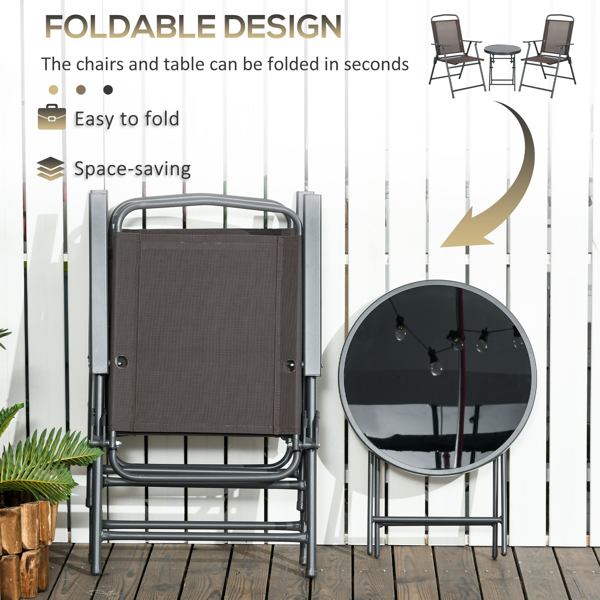 Outsunny 3 Pieces Bistro Set, Foldable Patio Furniture Set with Mesh Chairs, Glass Table for Garden, Balcony, Charcoal Grey 