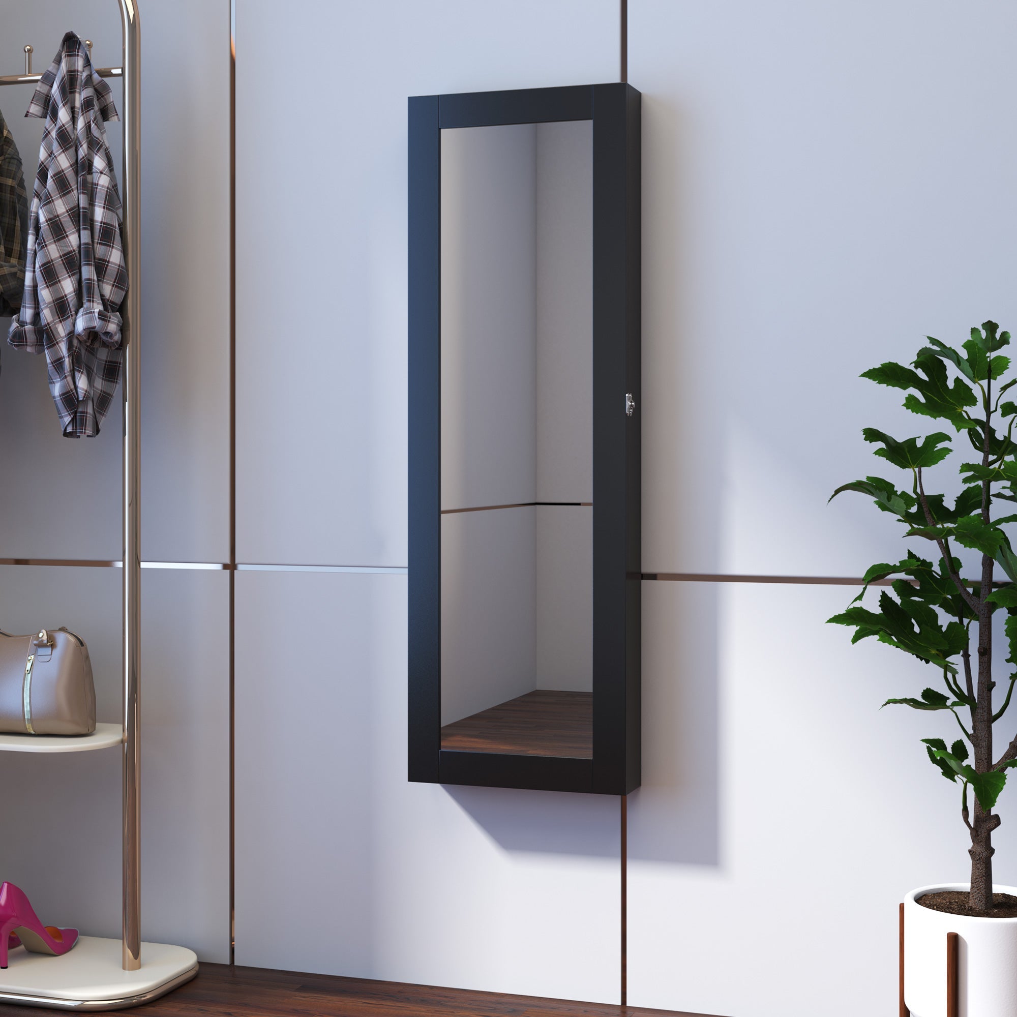 HOMCOM Wall-Mount Mirrored Jewelry Cabinet: With Real Glass Mirror, Lockable, Black 