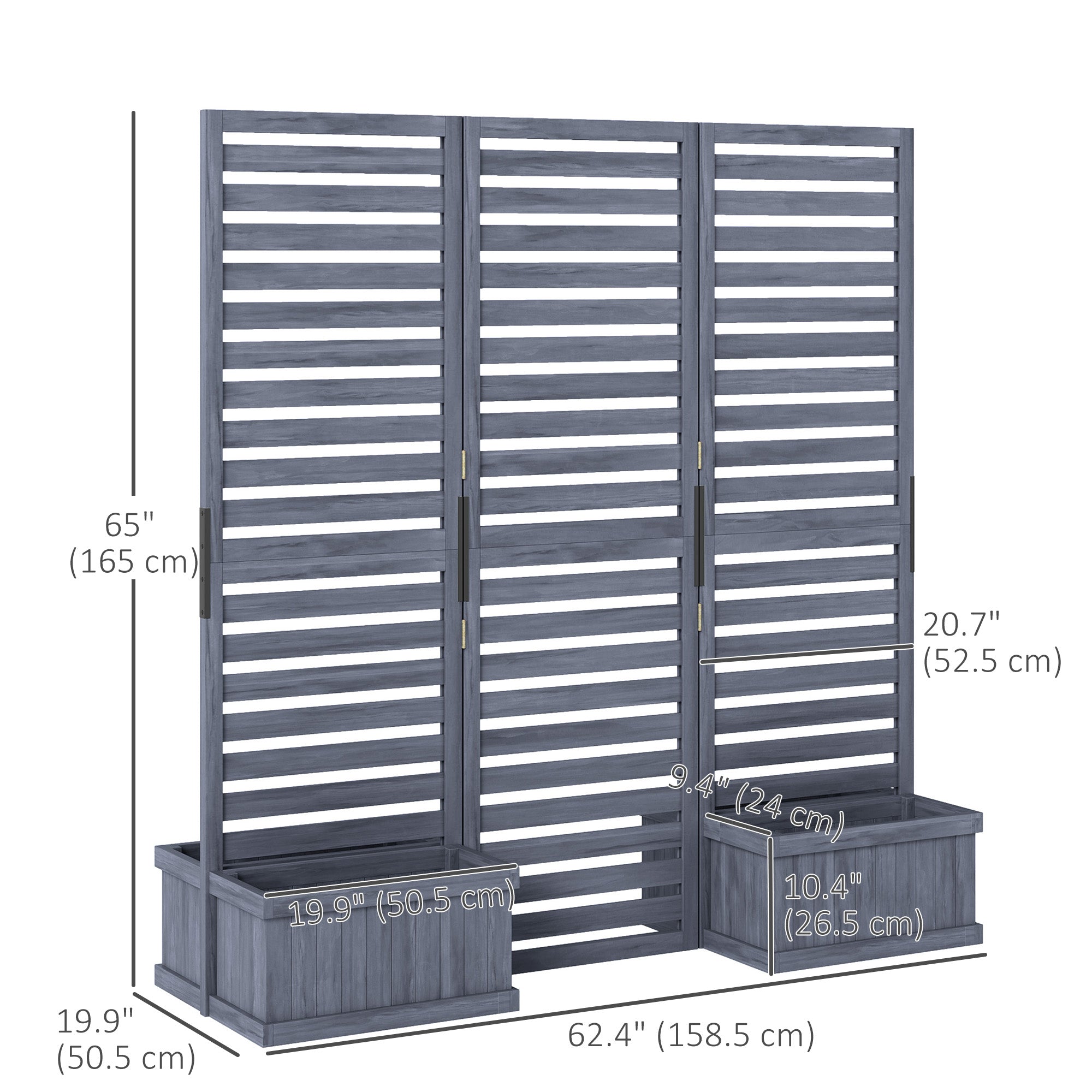 Outsunny Outdoor Privacy Screen Wood Privacy Panel with 4 Planter Boxes, Raised Bed with 3 Panels, Drainage Holes 