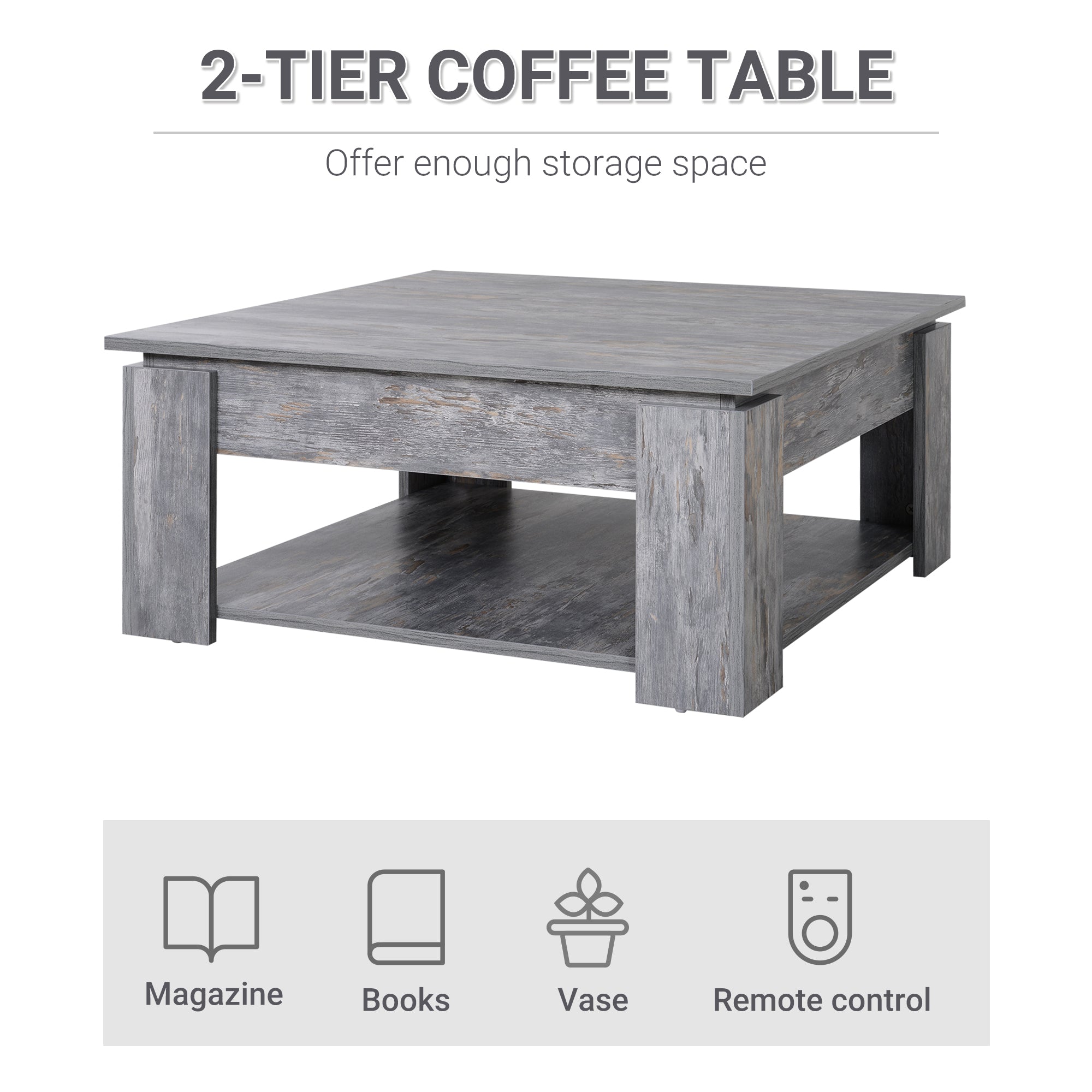 HOMCOM Grey Modern Coffee Table: Square Cocktail Table with Storage Shelf for Living Room 