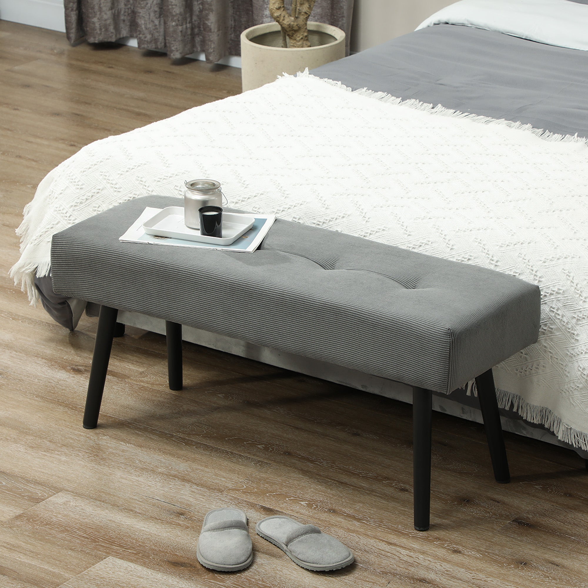 HOMCOM 39" Upholstered Ottoman Bench, Corduroy Entryway Bedroom Bench with Padded Seat and Steel Legs for Bedroom, Grey 