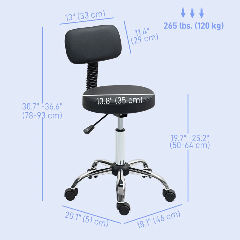 Adjustable Rolling Stool with Removable Backrest, Faux Leather Swivel Stool Chair for Salon Spa, Bar, Massage, Black