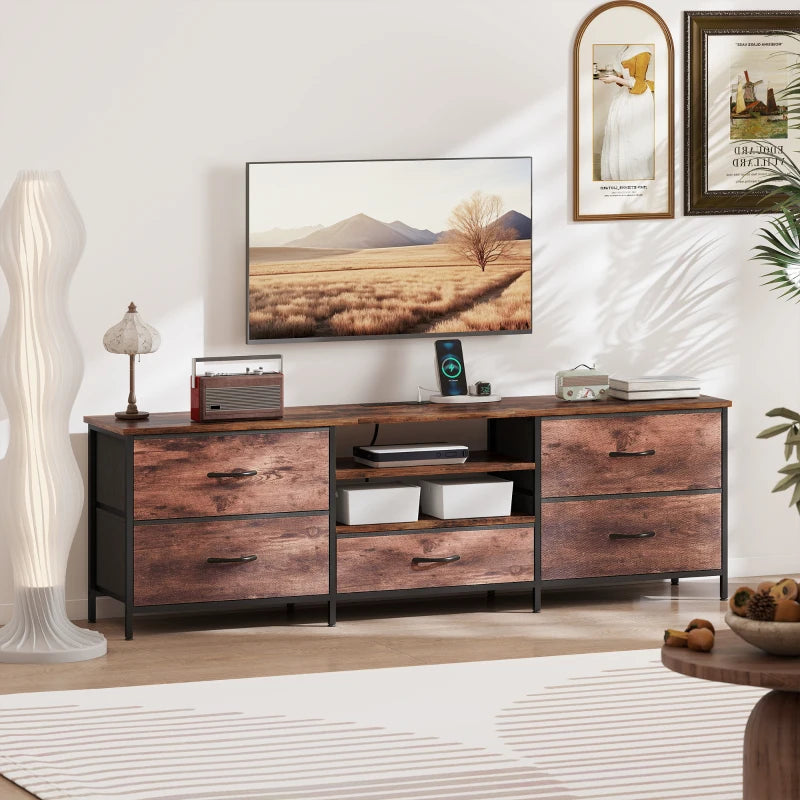 TV Stand for TVs up to 70 Inch, Industrial TV Console with Charging Station, 5 Drawers and Open Shelves, Rustic Brown