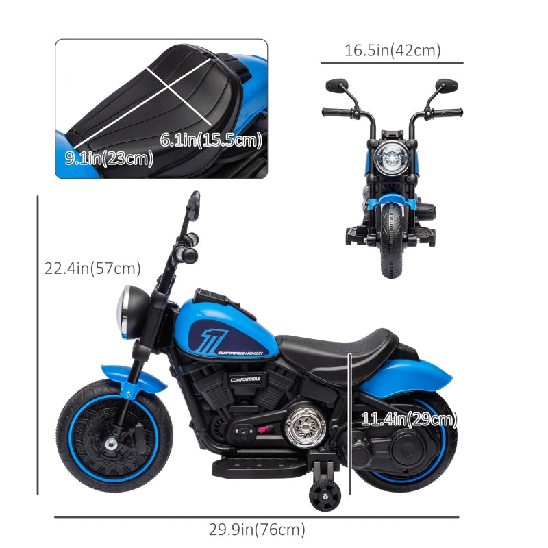 Aosom 6V Kids Motorcycle with Training Wheels, Foot Pedal, Headlight, Music, Forward/Reverse, Single-Button Start, Blue