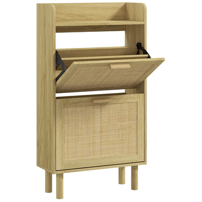 HOMCOM Slim Shoe Storage 2 Flip Drawers Adjustable Shelves Rattan Shoe Organizer 12 Pairs Oak Space Saving 