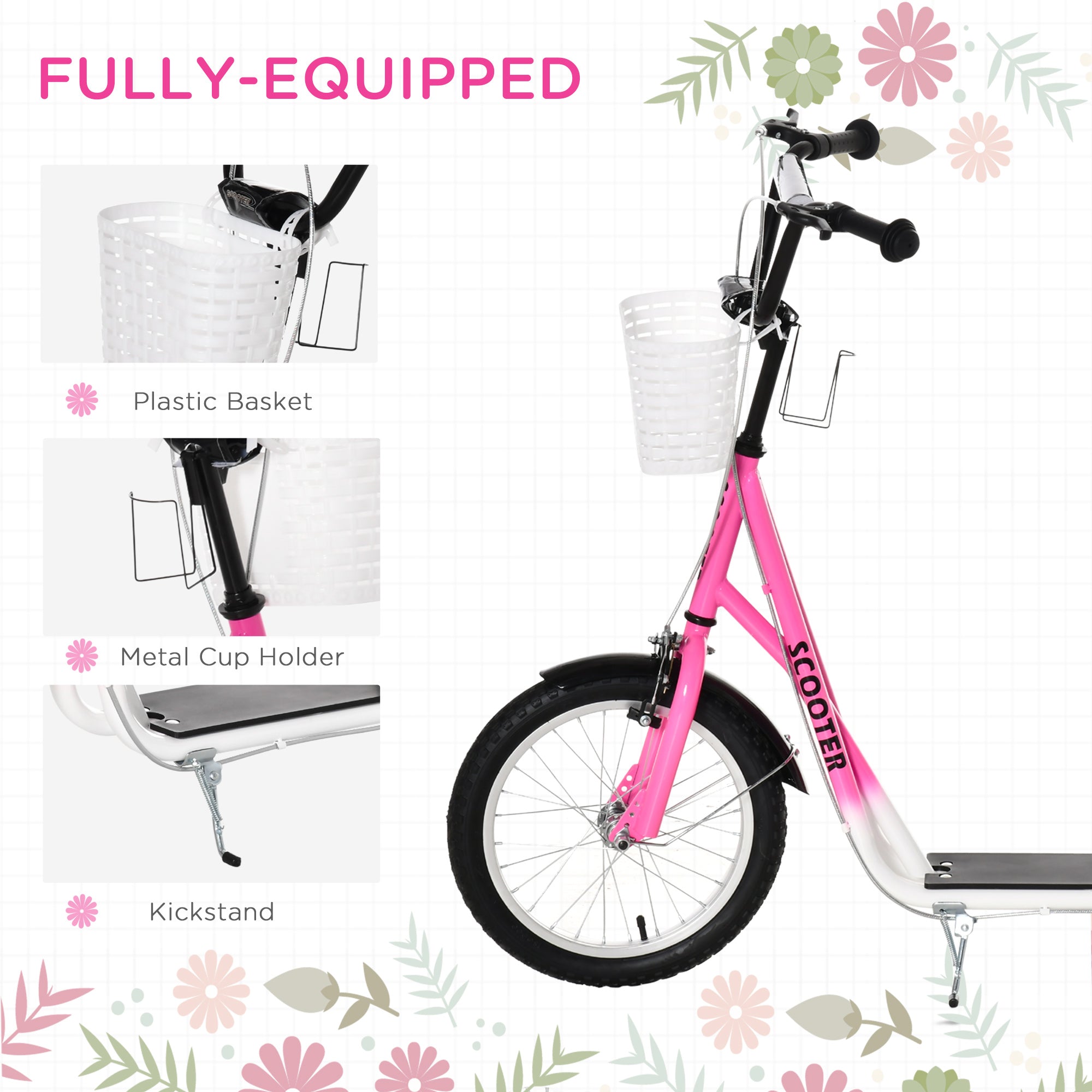 Aosom Kick Scooter for Kids Teens with Adjustable Handlebar Dual Brakes 16" Inflatable Rubber Tyres Outdoor Fun Pink 