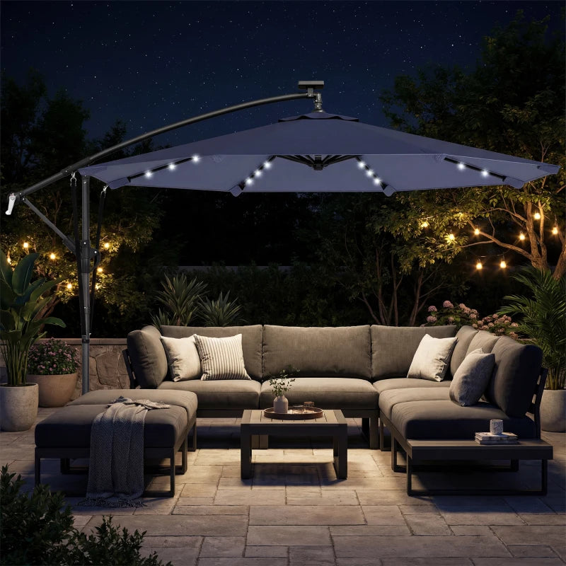 9.7ft Solar LED Cantilever Patio Umbrella with 32 LED Lights, Cross Base, Crank Handle, for Poolside, Deck, Dark Blue
