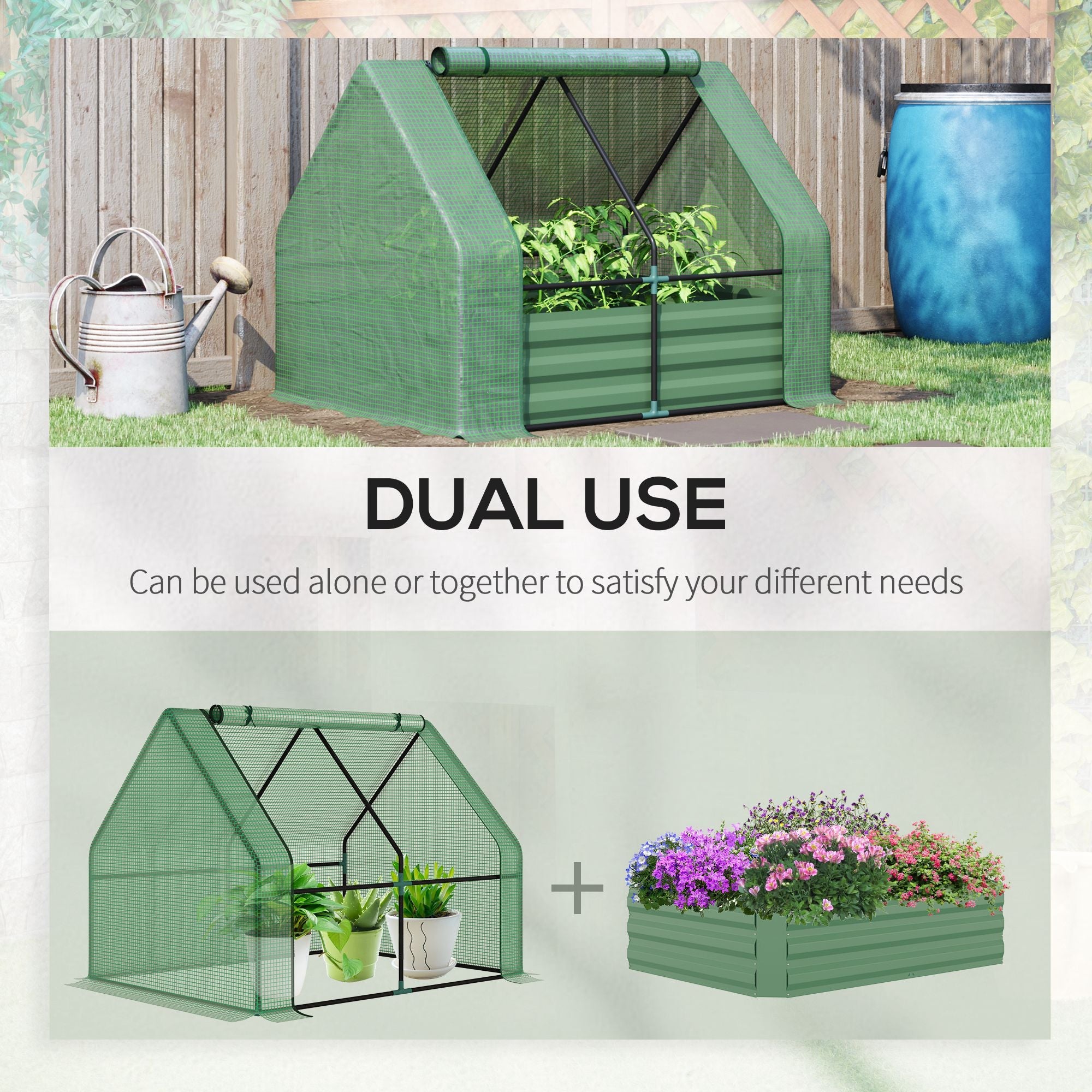 Outsunny Steel Outdoor Raised Garden Bed with Greenhouse,Cover, Roll Up Door, Dual Use, 50"x37.4"x36.2", Green 
