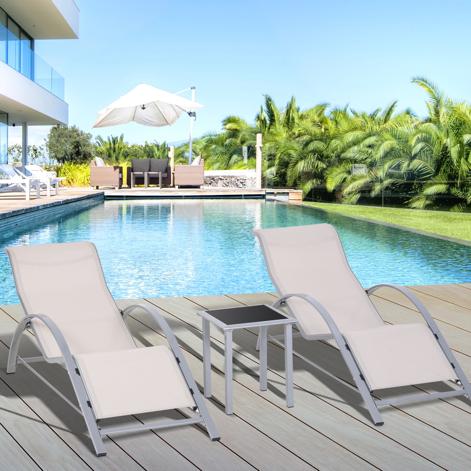 Outsunny 3 Pieces Patio Lounge Chair Set Outdoor Sunbathing Chair with Table for Yard Garden, Cream White 