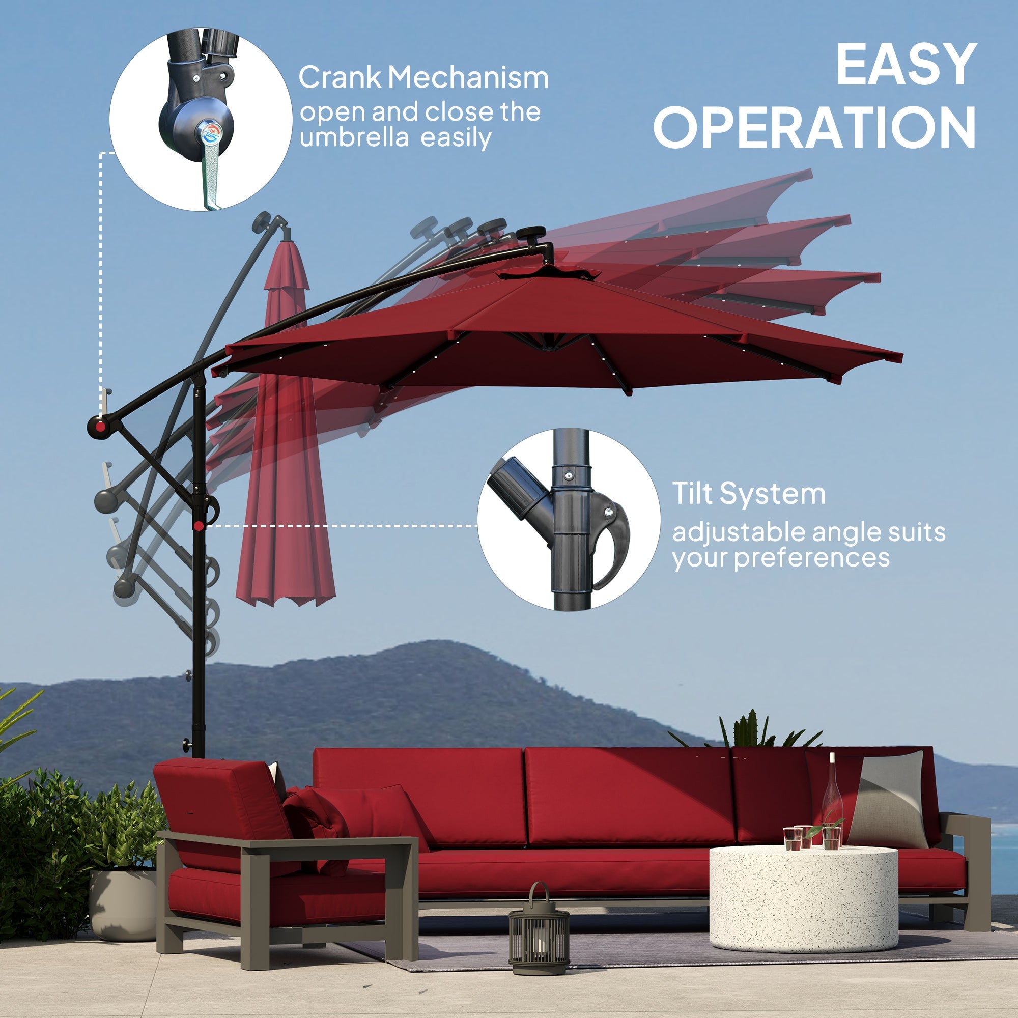 Outsunny 10ft Outdoor Cantilever Umbrella Banana Umbrella with Solar Lights and Adjustable Angle for Patio Backyard Wine Red 