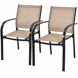 Set of 2 Patio Stackable Dining Chairs with Armrests Garden Deck-Brown - Free Shipping