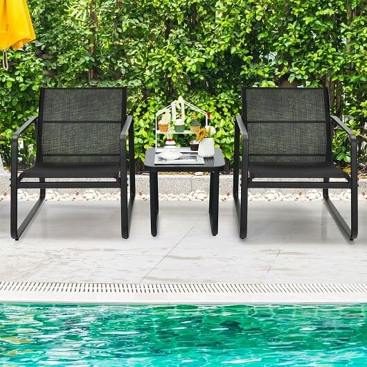 3 Pieces Patio Bistro Furniture Set with Glass Top Table Garden Deck-Black - Free Shipping 