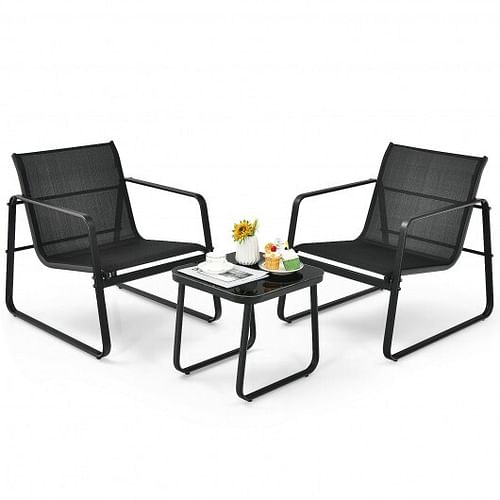 3 Pieces Patio Bistro Furniture Set with Glass Top Table Garden Deck-Black - Free Shipping 