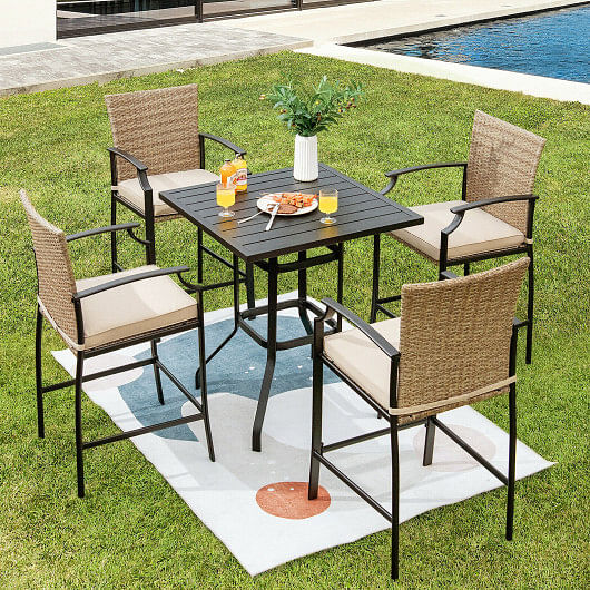 5 Pieces Outdoor Rattan Bistro Bar Stool Table Set with Cushions - Free Shipping 