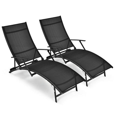 2 Pieces Patio Folding Stackable Lounge Chair Chaise with Armrest-Black - Free Shipping 