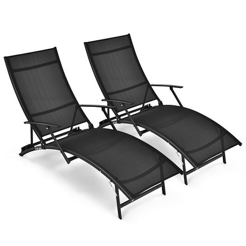 2 Pieces Patio Folding Stackable Lounge Chair Chaise with Armrest-Black - Free Shipping