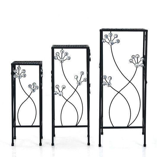 3 Pieces Flower Pots Display Rack with Vines and Crystal Floral Accents Square-Black - Free Shipping 
