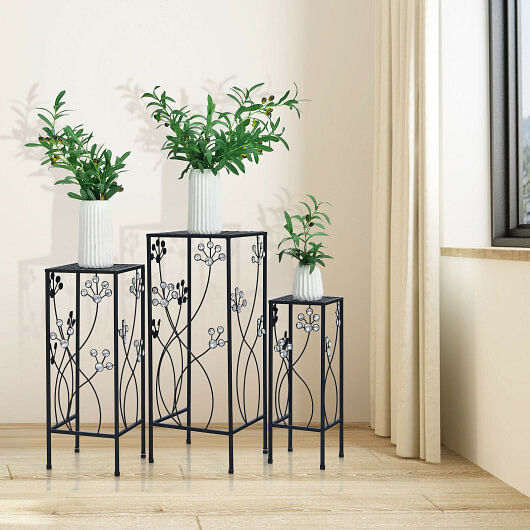 3 Pieces Flower Pots Display Rack with Vines and Crystal Floral Accents Square-Black - Free Shipping 