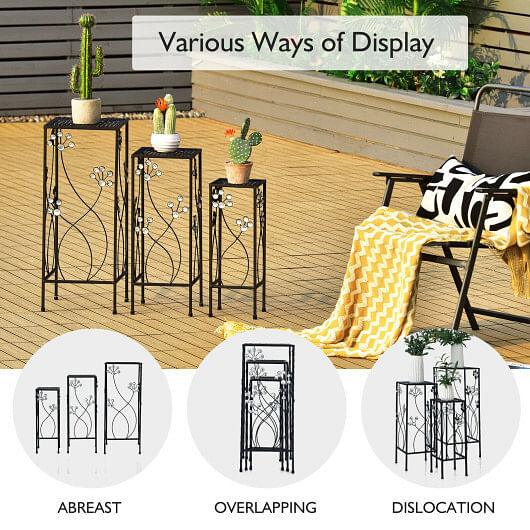 3 Pieces Flower Pots Display Rack with Vines and Crystal Floral Accents Square-Black - Free Shipping 