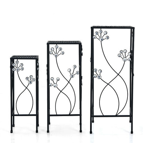 3 Pieces Flower Pots Display Rack with Vines and Crystal Floral Accents Square-Black - Free Shipping 