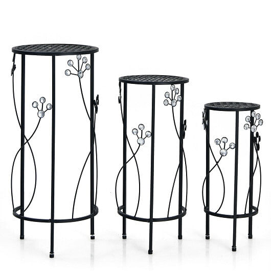3 Pieces Metal Plant Stand Set with Crystal Floral Accents Round-Black - Free Shipping 