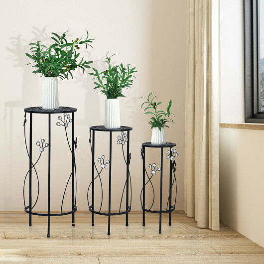 3 Pieces Metal Plant Stand Set with Crystal Floral Accents Round-Black - Free Shipping 