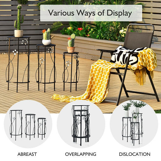 3 Pieces Metal Plant Stand Set with Crystal Floral Accents Round-Black - Free Shipping 